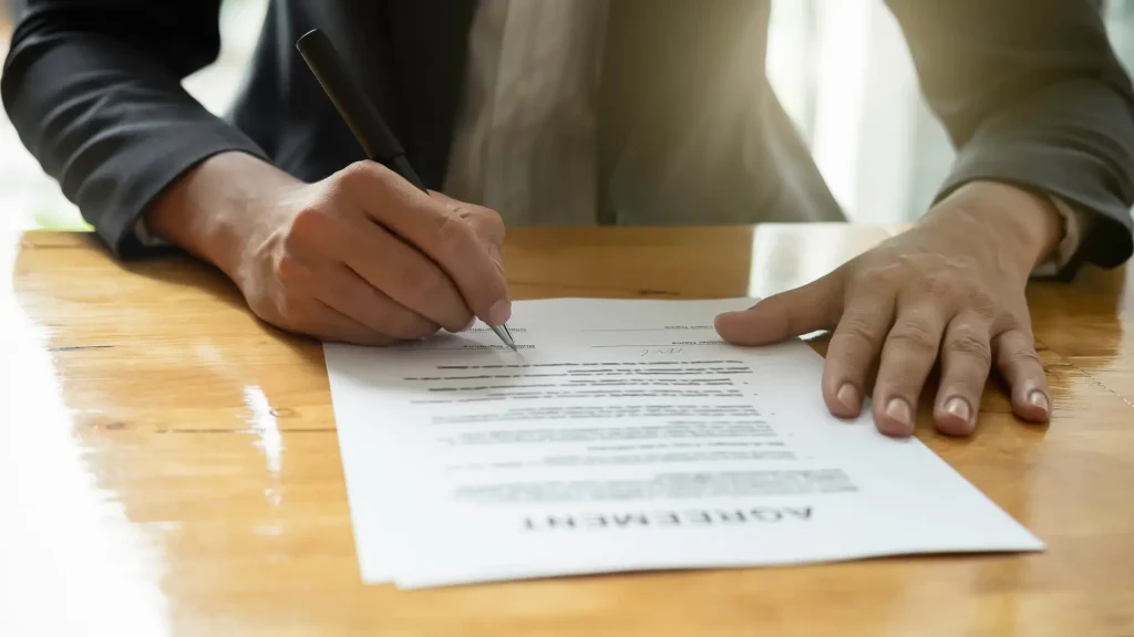 A person signing a legal document with a pen on a wooden desk.