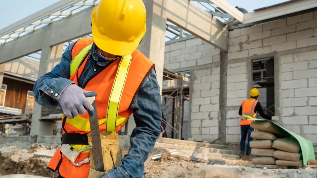 Construction worker in hard hat using tool at build site