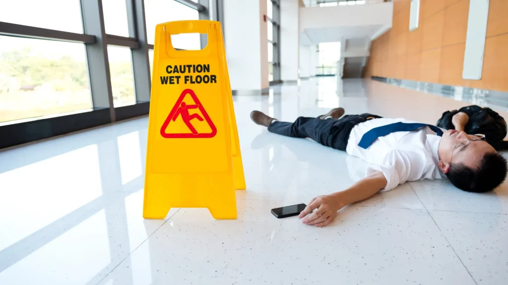 A person has fallen on the floor near a "Caution Wet Floor" sign.