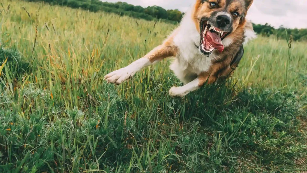 Angry dog lunging in a grassy field with its mouth open